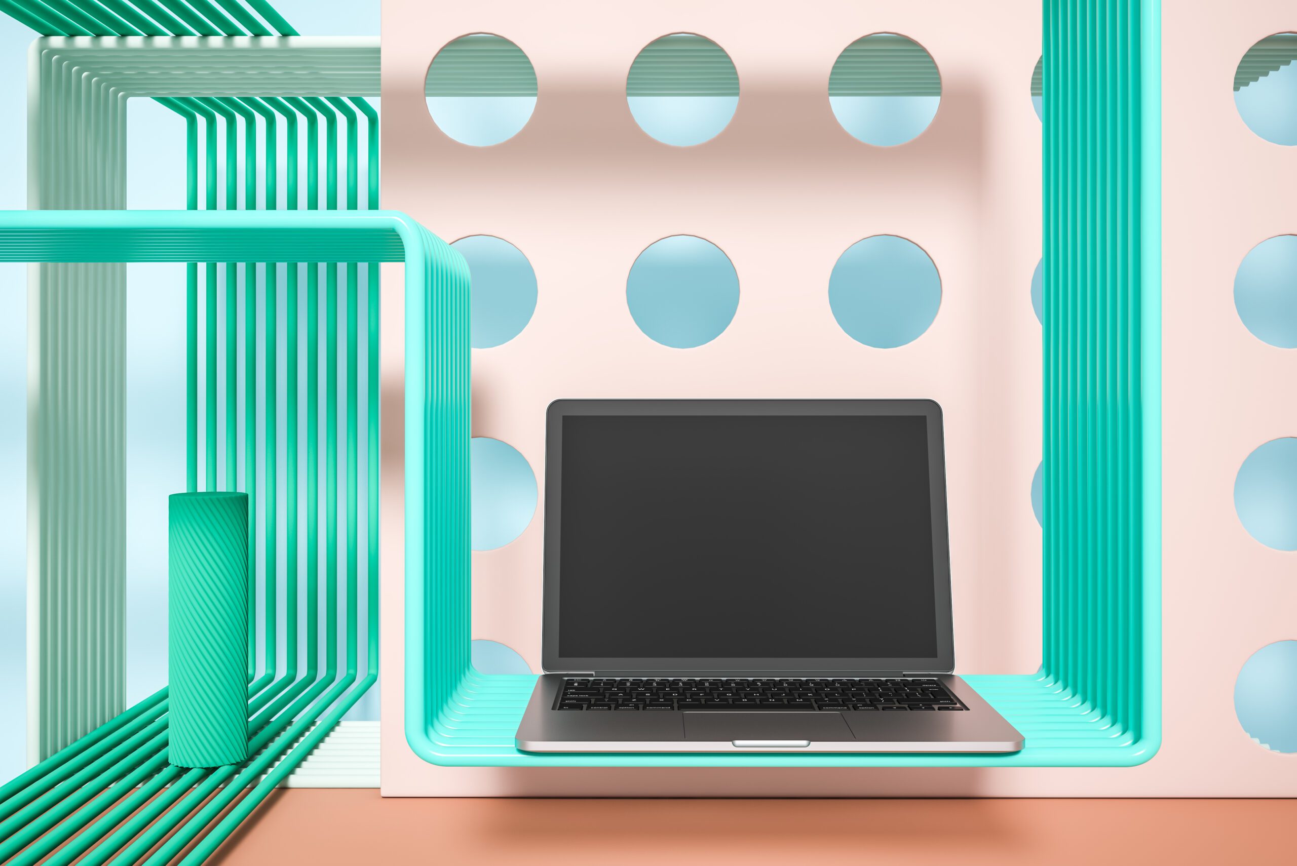 Laptop-over-geometric-background-with-pipes